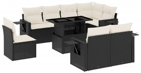 Set divani da giardino 9 pz con cuscini nero in polyrattan