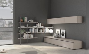 Parete attrezzata con maniglie a gola e libreria con montanti disponibile in vari colori