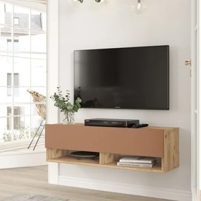 Mobile Tv Sospeso 100x32x30 2 Vani Effetto Legno Rovere E Rosso Frame