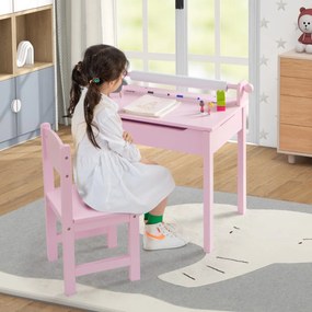 Costway Tavolo per bambini con sedia vano portaoggetti e portarotolo per disegnare giocare, Set di tavolino con sedia Rosa