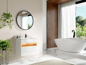 Mobile per il bagno sospeso a LED con lavabo da incasso Bianco e Naturale scuro L80 cm POZEGA