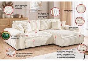 Divano angolare con penisola a destra color crema e rivestimento in velluto a coste allungabile e con contenitore Sarina – Ropez