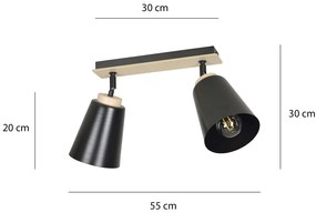 Plafoniera Faretti Spot Orientabili 2 Luci Xiwangmu Acciaio Nero E Legno Naturale