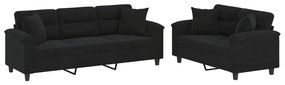 Set divani 2 pz con cuscini nero in tessuto microfibra