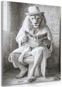 Quadro su tela – Leone bianco con giornali in bagno