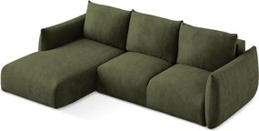 Divano angolare verde allungabile (con penisola a sinistra/con chaise lounge) con rivestimento in ciniglia Leila – Makamii