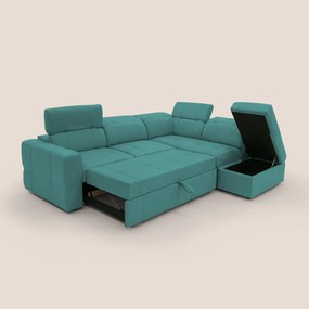 Kronos Divano angolare con poggiapiedi estraibile e pouf contenitore mobile in microfibra impermeabile T11 petrolio