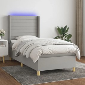 Letto a molle materasso e led grigio chiaro 90x200 cm tessuto