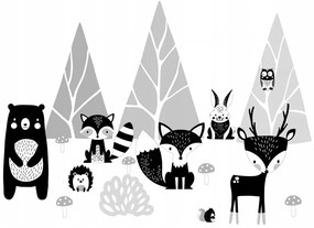 Bellissimo adesivo da parete in bianco e nero con animali nella foresta