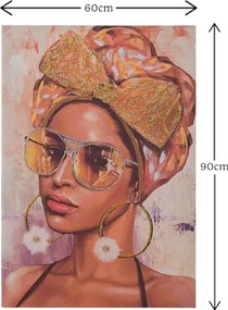 Quadro moderno verticale su tela 60x90 cm ritratto donna con decori in tessuto