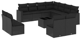 Set divani da giardino 12 pz con cuscini nero in polyrattan