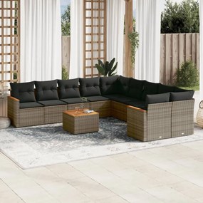 Set divani da giardino 11 pz con cuscini in polyrattan grigio