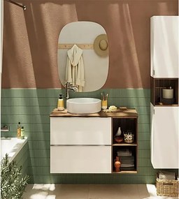 Mobile bagno sospeso con lavabo, top incluso L 80 x H 55 x P 45 cm bianco e noce  2 cassetti per vasca centrale Modern