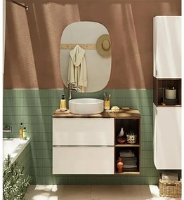 Mobile sottolavabo e lavabo con organizer per cosmetici Modern per vasca centrale bianco e noce in truciolare L 80 x H 55 x P 45 cm 2 cassetti, top incluso