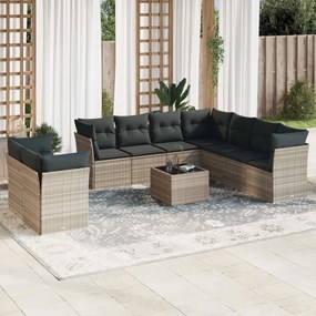 Set divano giardino 10 pz con cuscini grigio chiaro polyrattan