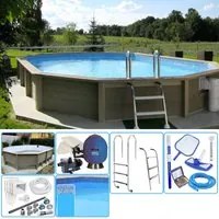 Kit Piscina Cemento Effetto Legno Naturalis Decagono Allungato 6,35 X 4,72 H 1,28 M Con Filtrazione A Sabbia