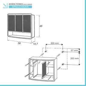 Specchio contenitore 60x50 cm bianco con 3 ante e ripiani interni