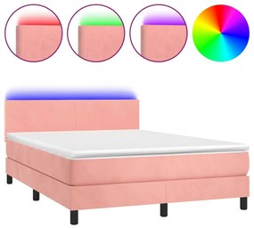 Letto a molle con materasso e led rosa 140x200 cm in velluto