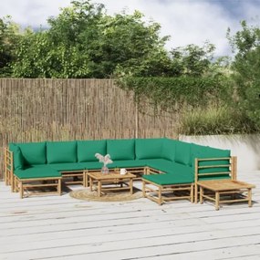 Set Salotto da Giardino 12pz con Cuscini Verdi Bambù