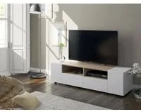 Mobile porta TV Topeka, Credenza per televisione da soggiorno, Supporto per televisione moderno, Credenza bassa multiuso, cm 138x42h36, Bianco e Rovere