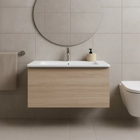 Mobile da bagno sospeso sotto lavabo Pixel plain 1 cassetto olmo Rousseau e maniglia alluminio brillante L 80 x H 40 x P 45.5 cm