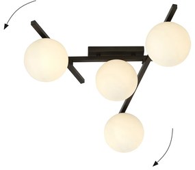 Plafoniera Moderna 4 Luci Teti In Acciaio Nero Bracci Regolabili E Vetro Opale
