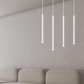 Lampadario 4 Luci Moderno Shu Acciaio Bianco E Paralumi A Cilindri Sottili