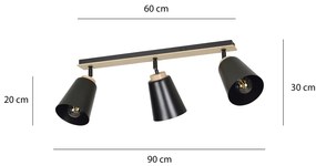 Plafoniera Faretti Spot Orientabili 3 Luci Xiwangmu Acciaio Nero E Legno Naturale