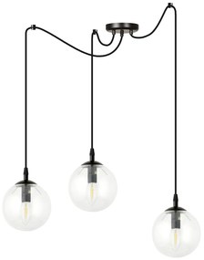 Lampadario 3 Luci Ginevra In Acciaio Nero Con Cavo Lungo E Vetri Trasparente