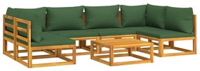 Set salotto da giardino 7pz con cuscini verdi in legno massello