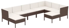 Set divani da giardino 9 pz con cuscini in polyrattan marrone