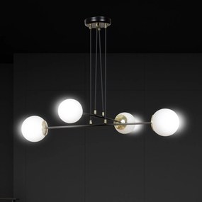 Lampadario Moderno 4 Luci Ognis In Acciaio Nero E Oro E Vetro A Sfera Opale