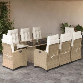 Set da pranzo da giardino 9 pz con cuscini beige in polyrattan