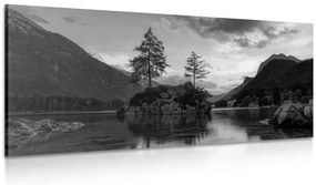 Stampa su tela – Paesaggio montano sul lago in bianco e nero