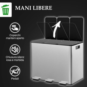 Pattumiera a Pedale 3 Sezioni da 20L 61,9x36,6x56,7 cm in Acciaio Inox e PP...