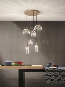 Sospensione puck base oro vetri trasparenti 6 luci attacco e14 d.60cm