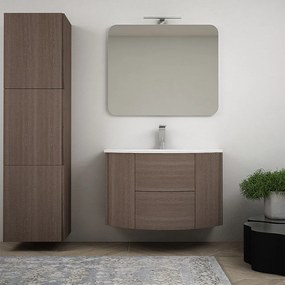 Mobile bagno sospeso 90 cm Rovere scuro design tondo con specchio filo lucido e colonna da 170 cm