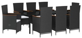 Set da pranzo da giardino 9 pz con cuscini nero