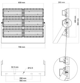 Faro Modulare LED 1.200W IP66, 167lm/W Dimmerabile DALI - INVENTRONICS Colore Bianco Freddo 5.000K, Scegli l'angolo di illuminazione Asimmetrica 50°, Scegli le staffe dei moduli Orientabili