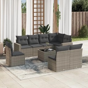 Set divano da giardino 9 pz con cuscini grigio in polyrattan