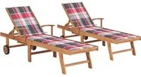 Lettini Prendisole 2 pz con Cuscino Rosso a Quadretti in Teak 3073199