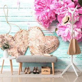 Carta da parati – Peonie e cuori di betulla