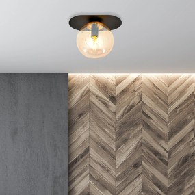 Plafoniera Minimal 1 Luce Teia In Acciaio Nero E Sfera Vetro Ambra