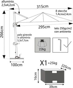 BACTRUS - ombrellone da giardino decentrato 3 x 3 m