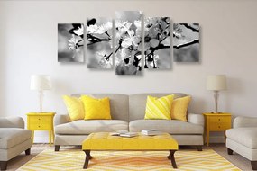 Quadri 5 pezzi – Fiore di ciliegio in bianco e nero