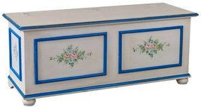 Cassapanca arte povera in legno shabby bianco anticato decorato filo blu