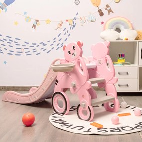 Costway Scivolo 3 in 1 per bambini con canestro e anelli per interno, Scivolo pieghevole a forma di orsetto Rosa