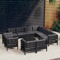 Set Divani da Giardino 12 pz con Cuscini Neri Legno di Pino 3096945