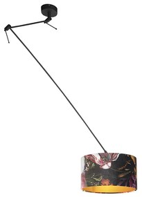 Lampada a sospensione nera con paralume in velluto con fiori e oro 35 cm - Blitz