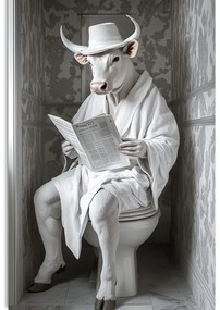 Stampa su tela – Toro bianco con giornali in bagno
